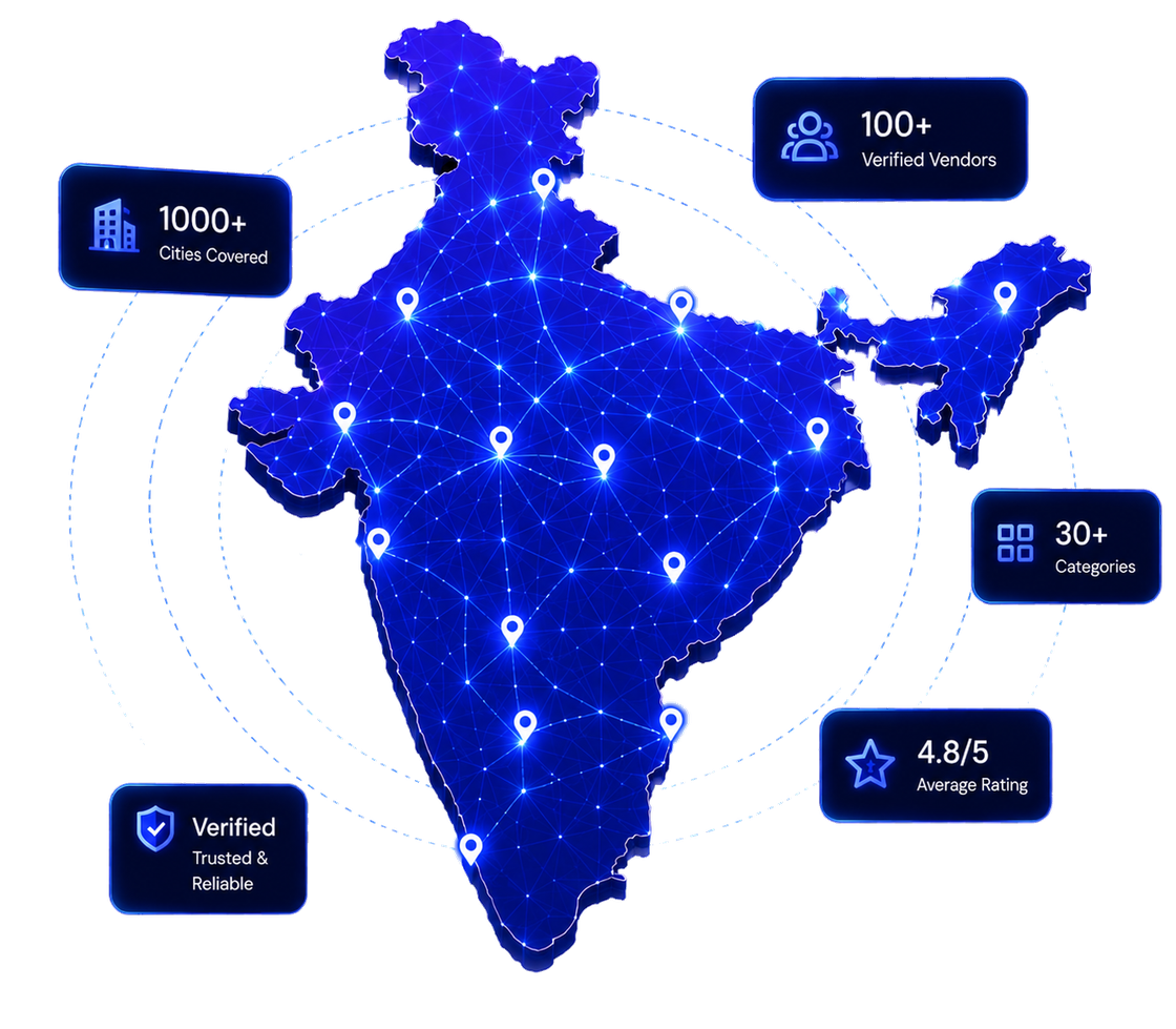 India map showing The Construction Hub's network — 100+ verified vendors across 1000+ cities and 30+ categories